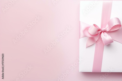 white card, pink ribbon, pastel background, shadow, minimal concept. Generative AI