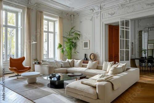 Modern and spacious apartment in an old tenement house. An elegant and luxurious living room with a comfortable sofa and armchair designed in a classic, vintage and mid-century modern style.