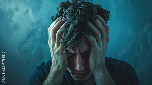 A young man who has trouble with anxiety and depression. Sadness man and headache blue mood concept blue background.