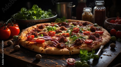 full pizza with vegetables and meat on wooden table with blur background