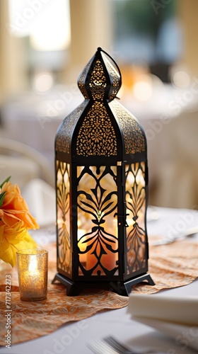 Elegant Lantern on a Patterned Tablecloth