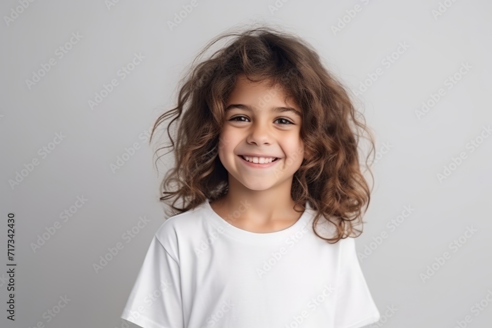 Portrait of a happy little girl with curly hair over grey background Portrait of a happy little girl with curly hair over grey background