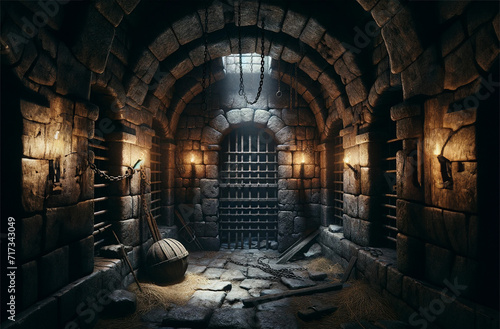 Underground old medieval dungeon jail cells, fantasy aventure tabletop photo