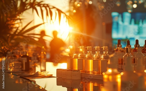 Rows of Cosmetic Bottles in Warm Light