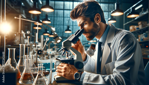 Portrait of male biochemist using microscope while working on scientific research in laboratory. photo