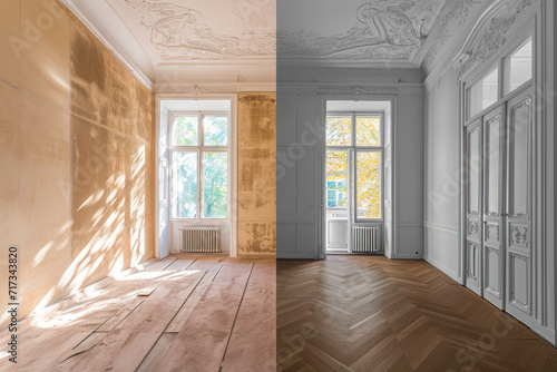 Renovation concept - apartment before and after restoration or refurbishment. photo