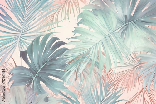 Bright artwork featuring watercolor palm leaves in soothing pastel shades. Generative AI