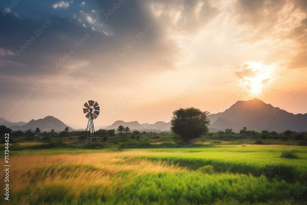 Scenic windmill landscape in Nagercoil, South India, featuring vibrant skies and mountain backdrop. Generative AI