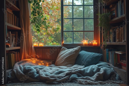 Cozy Reading Nook on Rainy Day