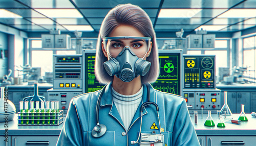 a chemical laboratory doctor woman with uniform and safety mask.