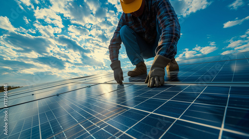 Man technician in work gloves installing stand-alone photovoltaic solar panel system. photo