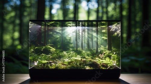 Closeup of a computer screen displaying a virtual reality simulation of a peaceful forest.