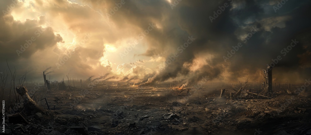 The world's fate hangs by a thread as dark clouds gather over a scarred land ravaged by battle remnants, hinting at the looming threat of nuclear war.