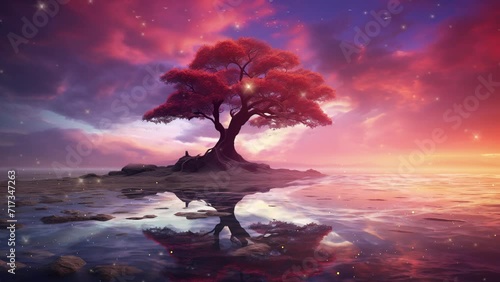amazing tree under beautiful sky. pink tree with reflection under pinky sky. seamless looping overlay 4k virtual video animation background 