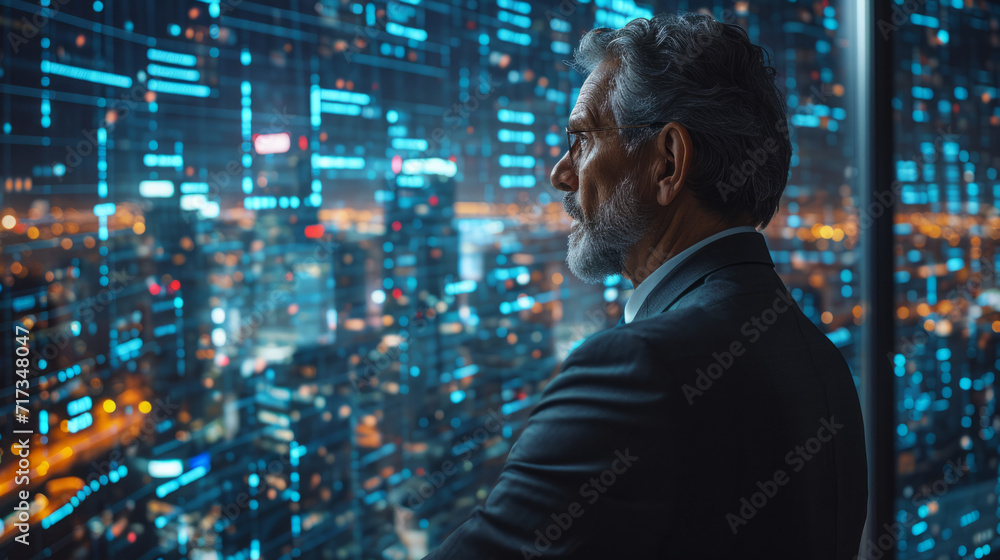 Confident cybersecurity CEO in a modern office, overlooking a cityscape Confident cybersecurity CEO in a modern office, overlooking a cityscape