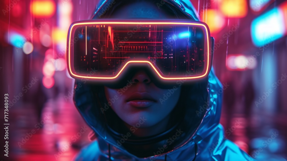 Cyberpunk-inspired hacker in a futuristic city, neon lights, wearing a hoodie and VR goggles, edgy and high-tech