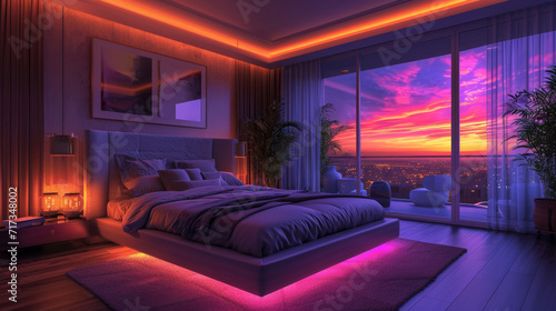 A smart home bedroom, with ambient lighting