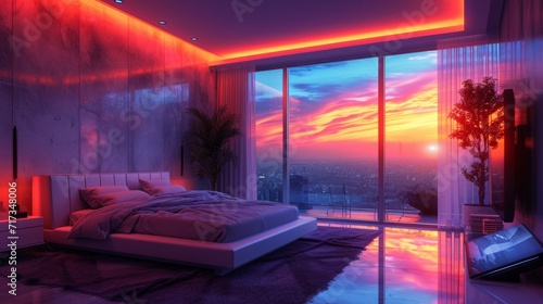 A smart home bedroom, with ambient lighting
