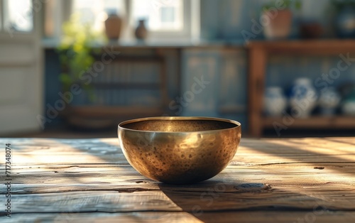 Tibetan Singing Bowl on Sunlit Wooden Table