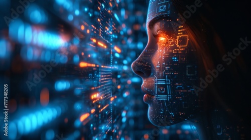 Futuristic scene of a computer engineer programming advanced AI or robotics
