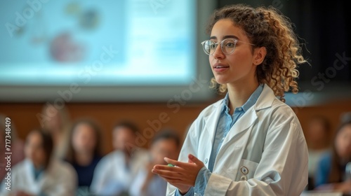 Young, enthusiastic scientist presenting new findings to peers