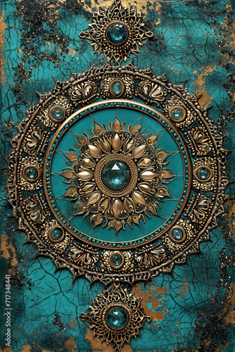 Intricate bronze mandala with turquoise accents, mystical backdrop for tarot card cover