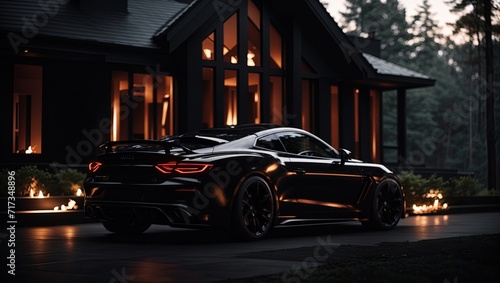 side view of black sport car in a dark luxury house Cinematic lighting generative ai