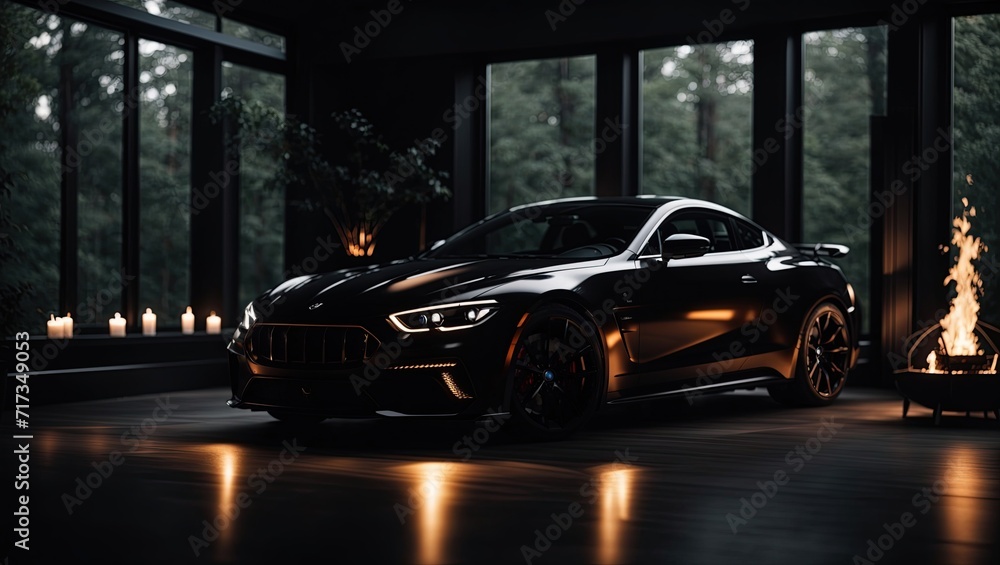 side view of black sport car in a dark luxury house Cinematic lighting generative ai