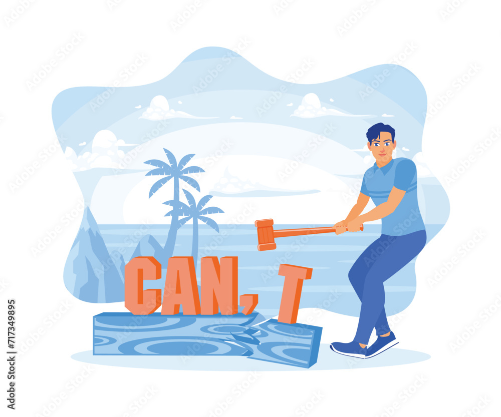 Fototapeta premium Man standing on the beach. Change the word can't to can, using a hammer. Self-improvement concept. Flat vector illustration.
