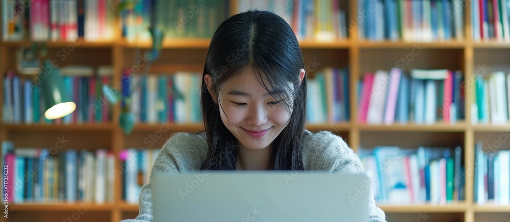 Asian girl happily using laptop with bookshelf backdrop, representing education. Asian girl happily using laptop with bookshelf backdrop, representing education.