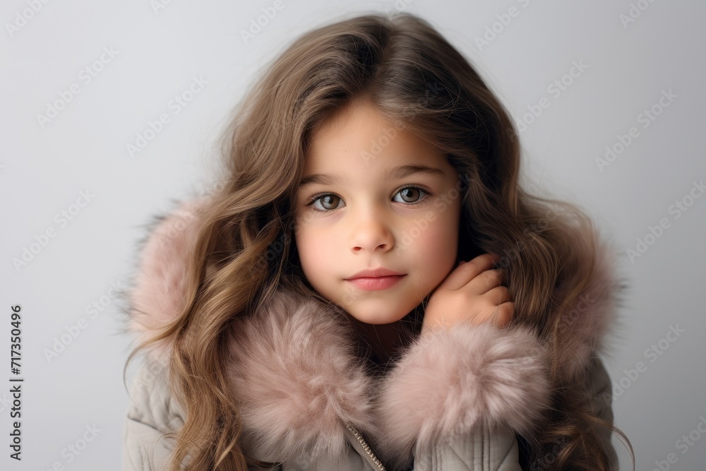 Portrait of a beautiful little girl in a fur coat on a gray background Portrait of a beautiful little girl in a fur coat on a gray background
