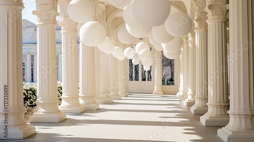Elegant Lanterns Adorning a Classical White Arcade