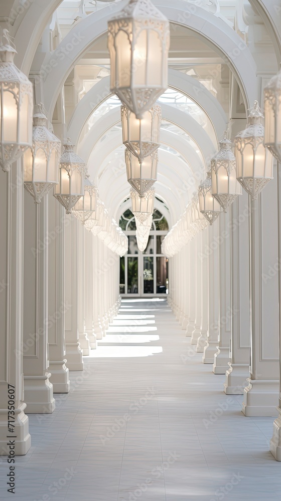 Elegant Lanterns Adorning a Classical White Arcade