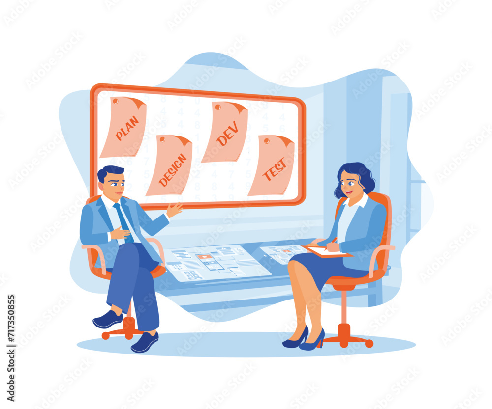 Business people and assistants sit in front of the virtual screen. Developing software on screen and writing in a notebook. APP devs concept. Flat vector illustration. Business people and assistants sit in front of the virtual screen. Developing software on screen and writing in a notebook. APP devs concept. Flat vector illustration.
