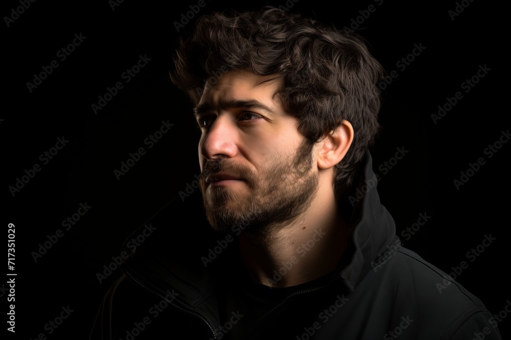 Handsome man with beard over black background. Looking to the side