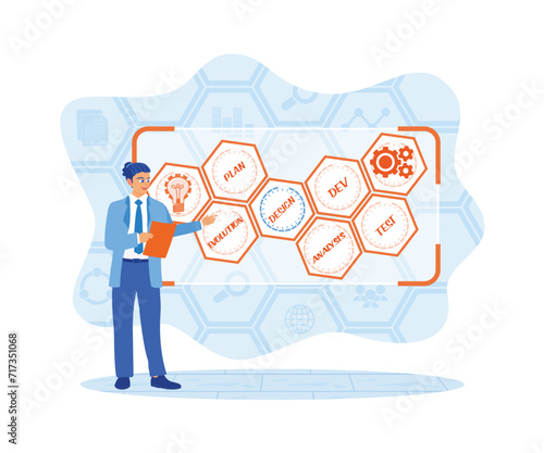 Businessman using notebook and internet. Developing software on virtual screens. Software developers concept. Flat vector illustration.