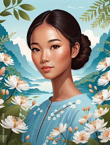 Modern Flat Close-Up Portrait of Short Brown-Skin East Asian Young Woman Surrounded by Nature Flowers Gen AI photo