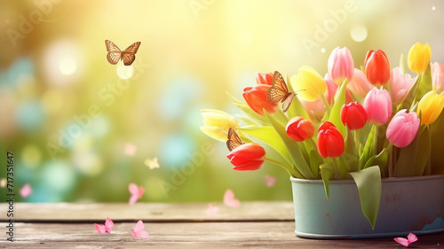 Tulip flowers on a bright sunny day with butterflies