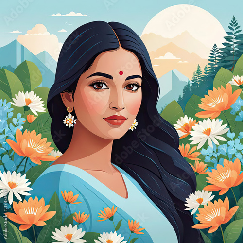 Modern Flat Design - Elegant Vector Art Portrait of a Chunky Very Fair-Skin South Asian Adult Woman Surrounded by Nature Gen AI photo