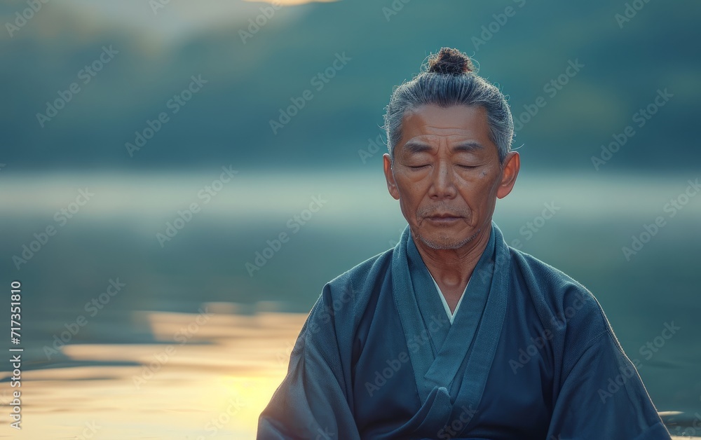 Fototapeta premium Serene Man Meditating by Mountain Lake