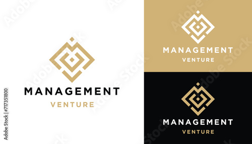 Golden Initial Letter MV V M VM Monogram with Luxury Elegant Square Geometric Line Art Logo Design