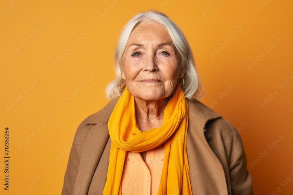 Portrait of a happy senior woman with yellow scarf on yellow background Portrait of a happy senior woman with yellow scarf on yellow background