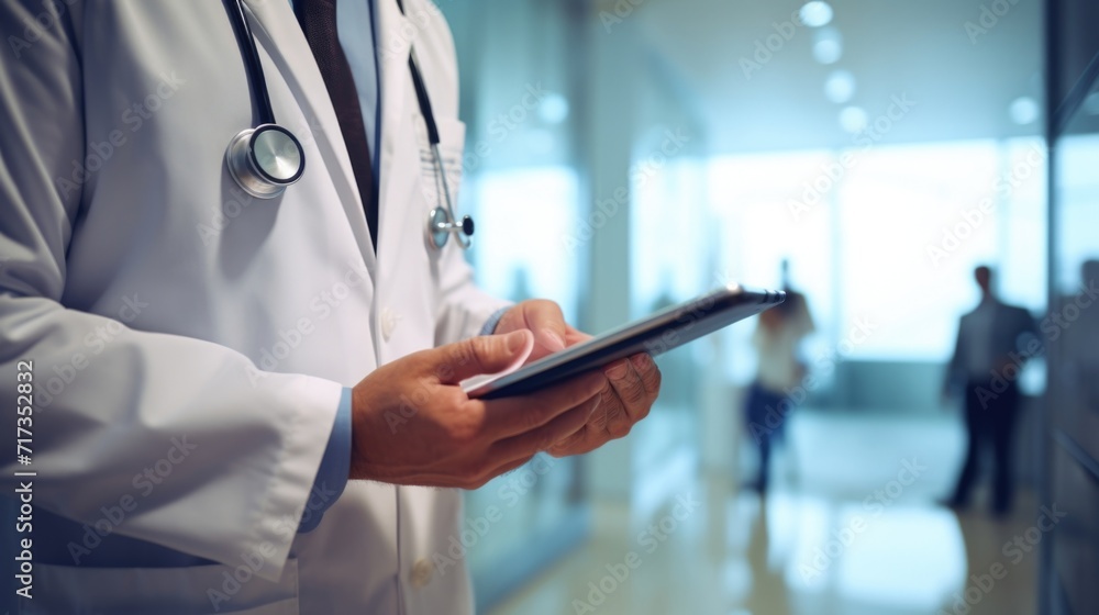 Detailed view of a telemedicine consultation, showing a doctor examining a patients electronic medical records on a tablet. Detailed view of a telemedicine consultation, showing a doctor examining a patients electronic medical records on a tablet.