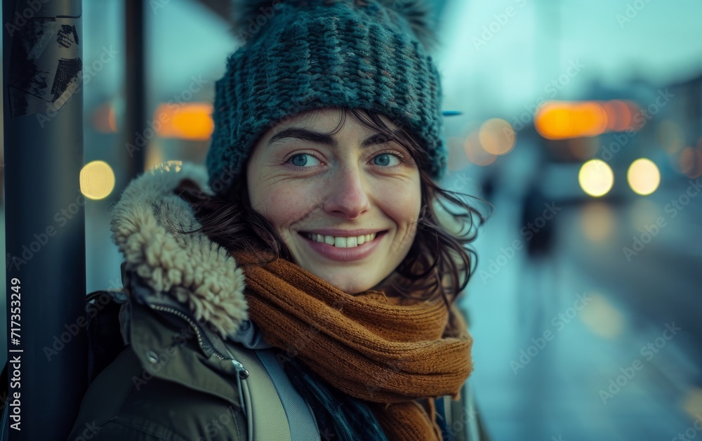 Warmly Dressed Woman Smiling in City Twilight Warmly Dressed Woman Smiling in City Twilight