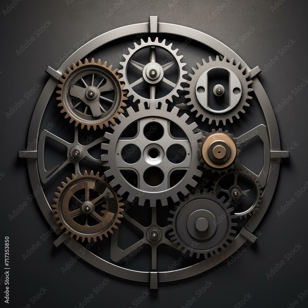 Fototapeta premium Steampunk clockwork gears on black background. Generative AI.