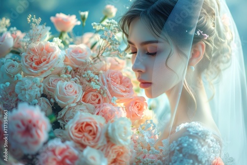 Photo of a bride in a beautiful wedding dress surrounded by colorful flowers. Generative AI.