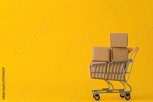 Shopping cart full of cardboard boxes on yellow background. Generative AI.