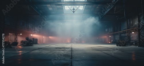 An empty warehouse with fog coming out of the ceiling. Generative AI. photo