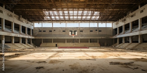 An empty basketball court in an abandoned building. Generative AI.