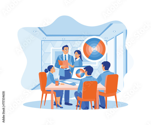 A group of designers gathered in a meeting room. Brainstorming UI and UX designs for mobile applications. APP devs concept. Flat vector illustration.